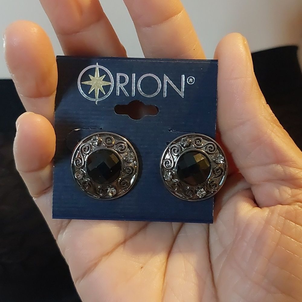 Orion Black Faceted Rhinestone Stud Earrings - Picture 1 of 3